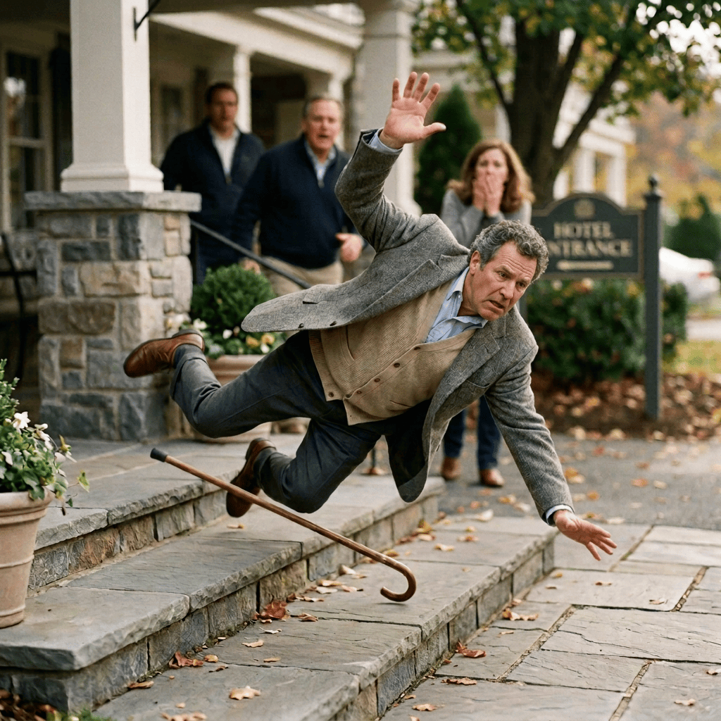 Man losing balance outside an inn as bystanders react