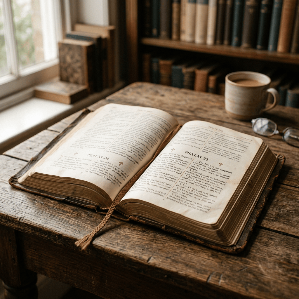 Open Bible showing Psalms 24 and 23 beside coffee and glasses